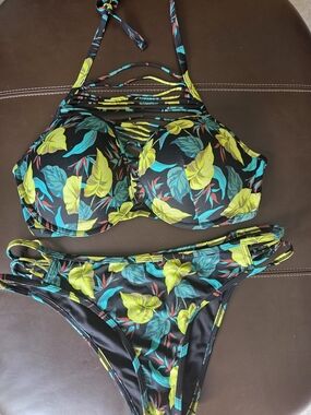 Victoria's Secret Black Halter Bikini with Lime & Teal Leaf Print